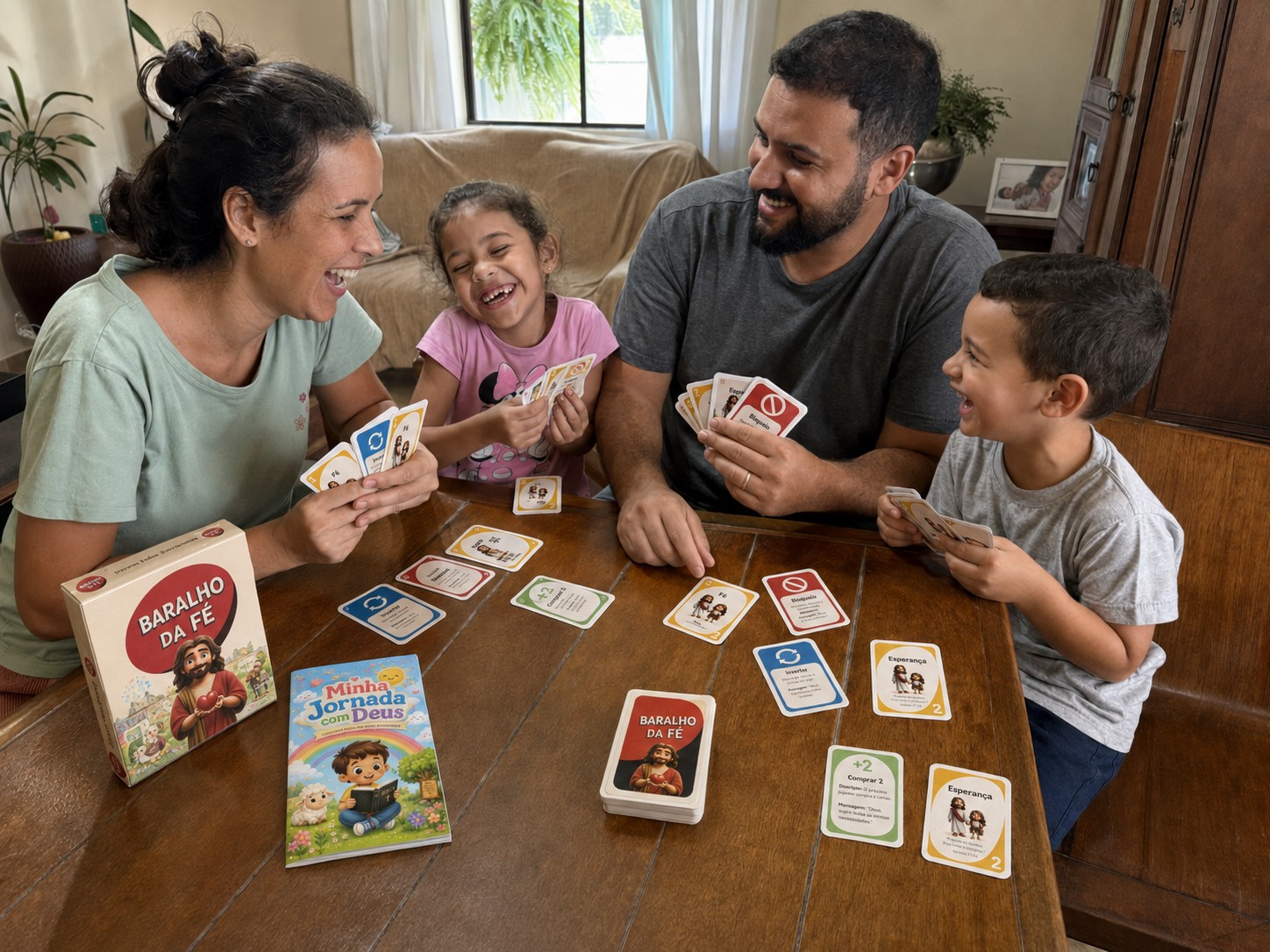 Família jogando Baralho da Fé à mesa, com a caixa do jogo e a Bíblia ao lado