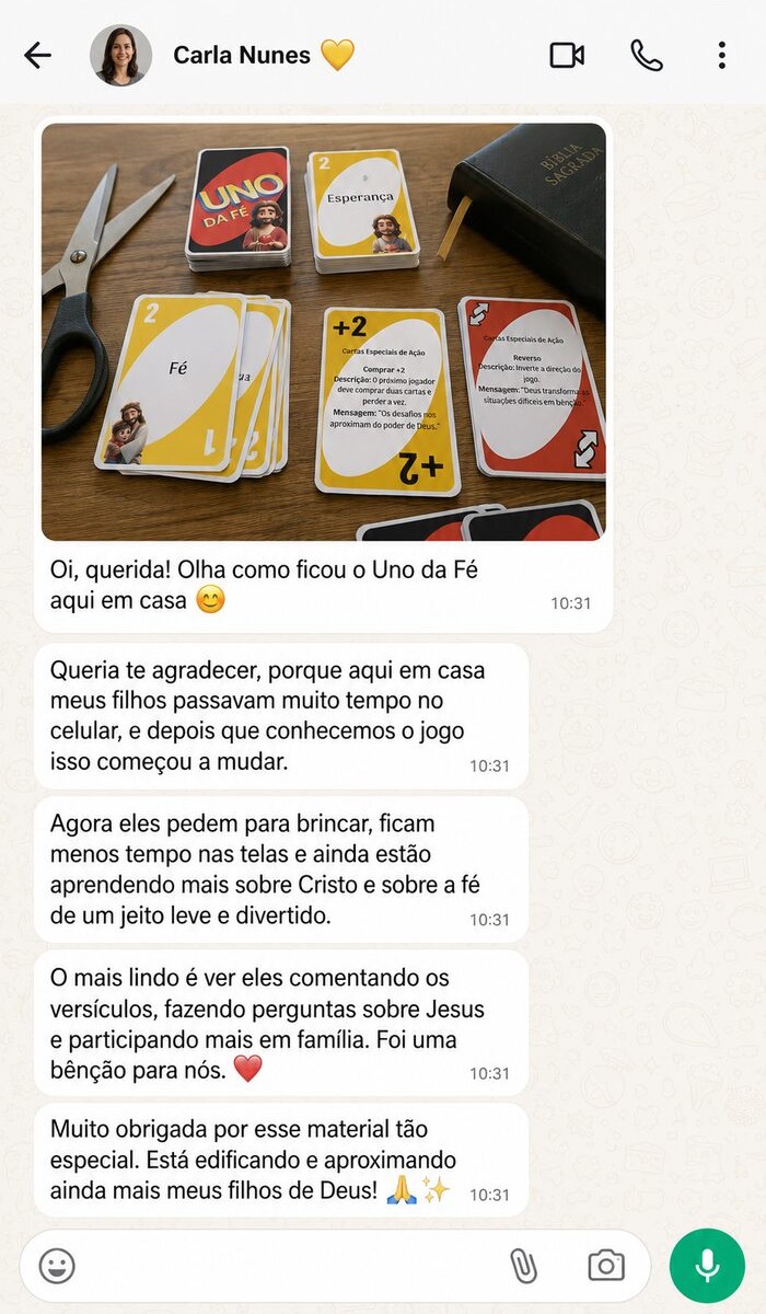 Print de conversa: Carla Nunes contando que os filhos passam menos tempo no celular desde que conheceram o Uno da Fé
