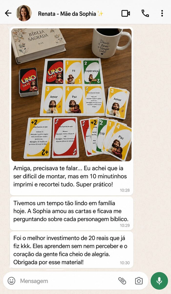 Print de conversa: Renata, mãe da Sophia, dizendo que o jogo foi fácil de montar e virou um momento especial em família