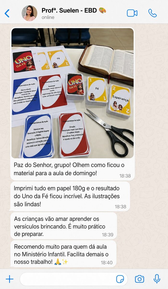Print de conversa: Professora Suelen recomendando o Uno da Fé para a aula de Escola Bíblica Dominical